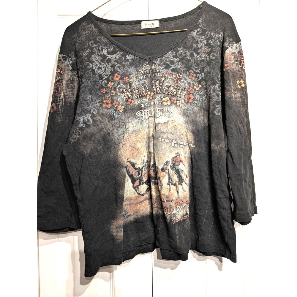 Cactus Wild West Buffalo Bill Shirt Women XL 3/4 Sleeve Western Graphic Rodeo